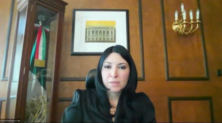 Banco de México sube su tasa de interés a 11.25% por decisión unánime. En la imagen aparece Victoria Rodríguez, la gobernadora de Banxico. Foto de captura de la última conferencia trimestral de inflación de Banxico