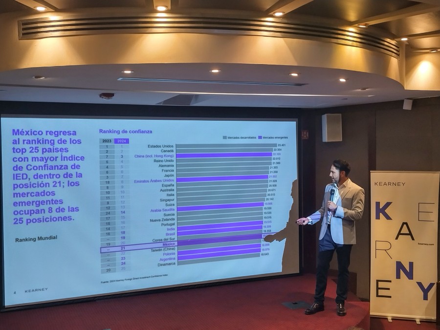 Omar Troncoso, director general de Kearney México, durante la presentación del Índice de Confianza de Inversión Extranjera Directa de la consultora. Foto Axis Negocios/Emiliano González